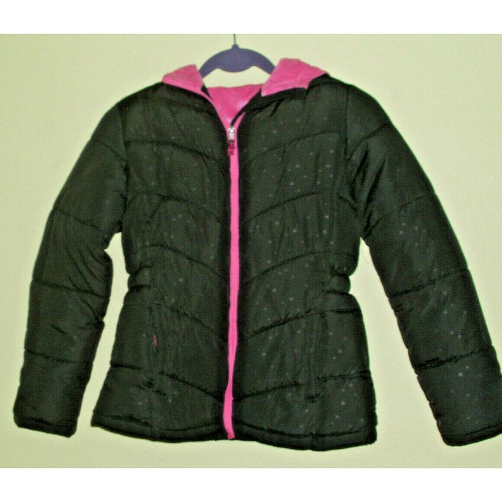 Girls-Black -Pink Lined-Puffy-Hooded-Jacket-By-Faded-Glory-size-XL-14-16